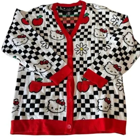 Hello Kitty Red & Black Checkered Apple & Daisies Cardigan - Picture 3 of 8
